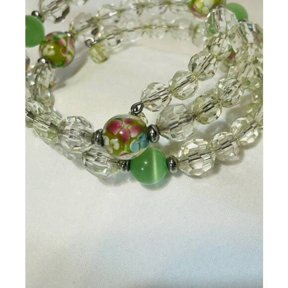 Multi-wrap Memory Wire Green, Light Green, & Floral Glass Bead Bracelet - Picture 2 of 3